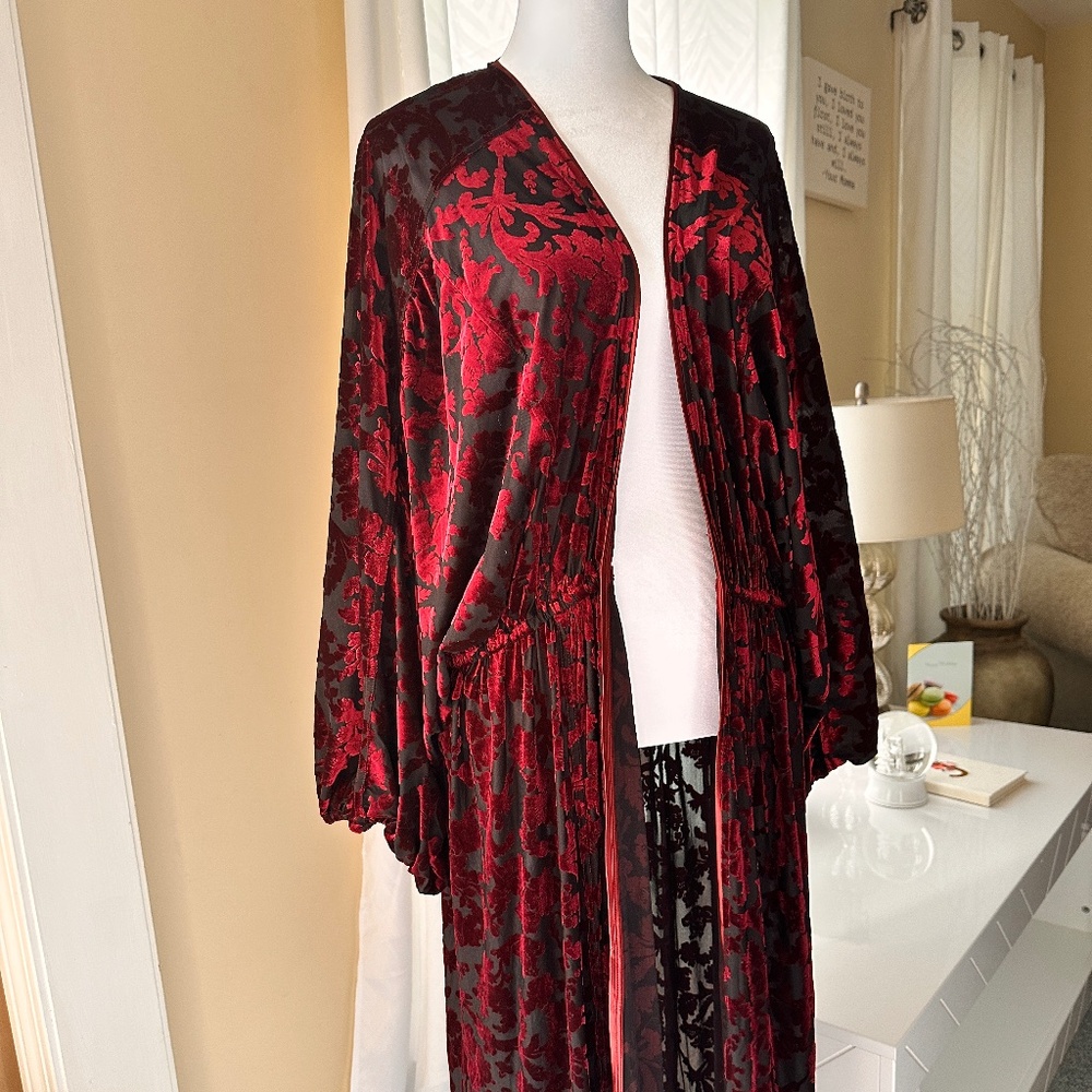 Free People Robe Kimono Velvet Burnout Red Burgundy Black